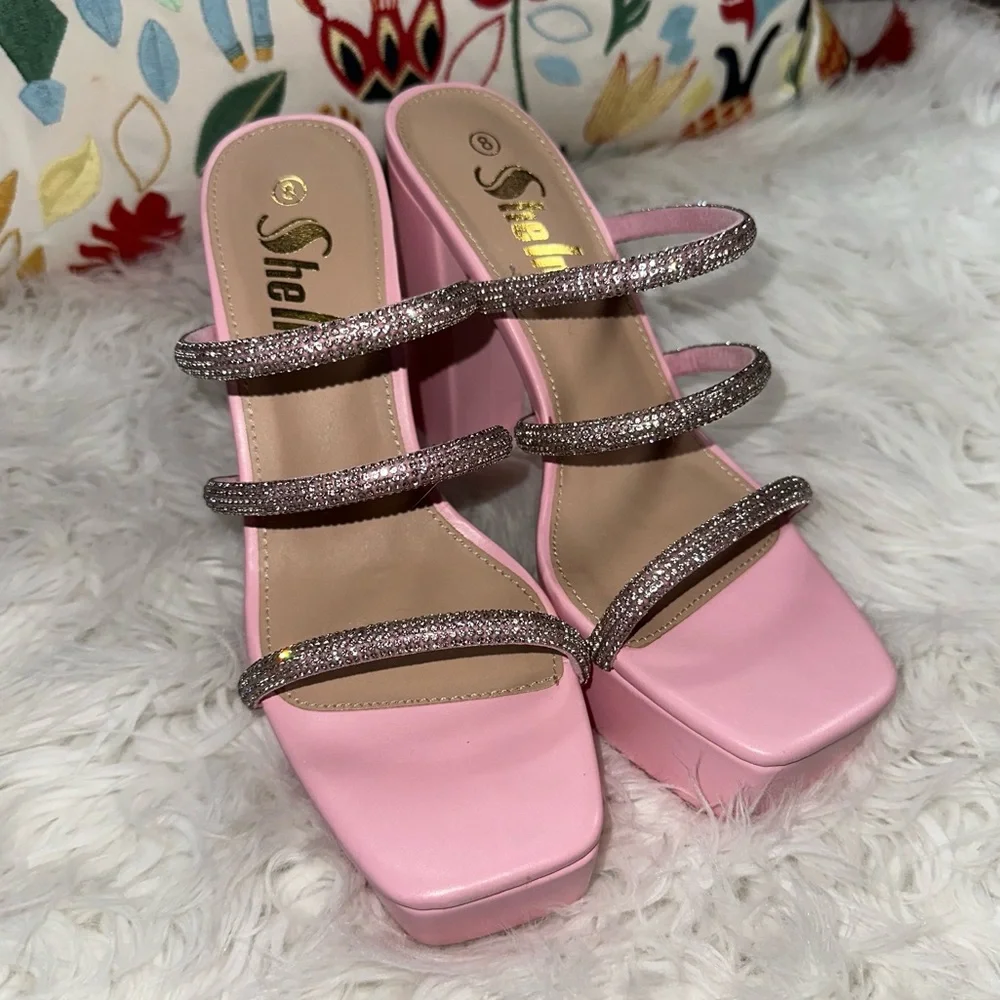Shein • Dazzling Rhinestone Pink Barbie Chunky Platform Heels